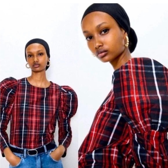 Valentines Day Never Worn Zara Plaid Top Large Blouse - Picture 5 of 5